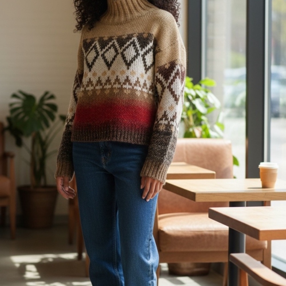 LNC Elsamanda aztec wool alpaca blend chunky mockneck sweater